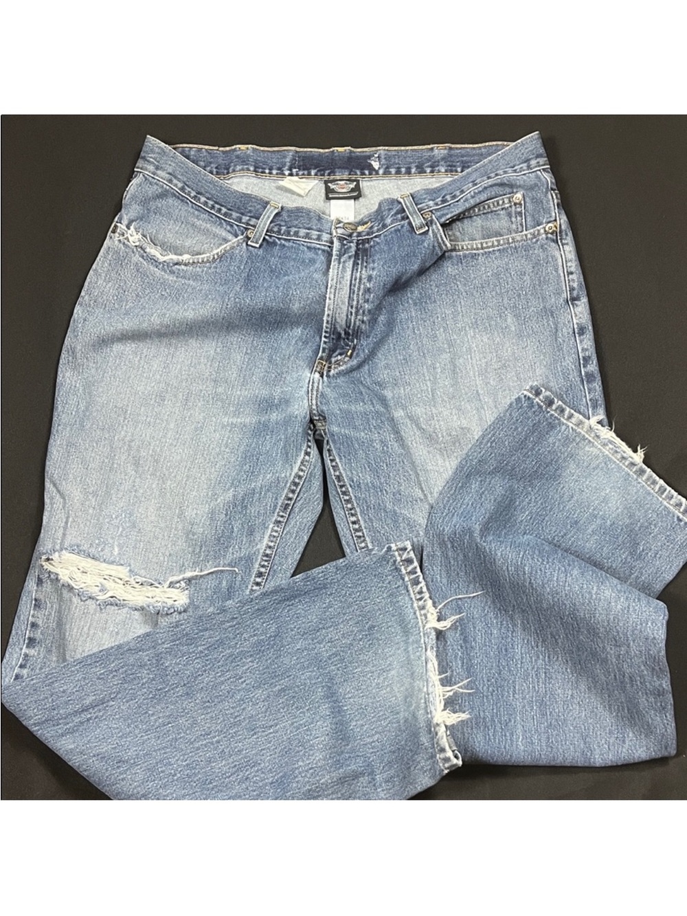 Harley-Davidson Blue Denim Jeans with Gold Stitching and Branded Button